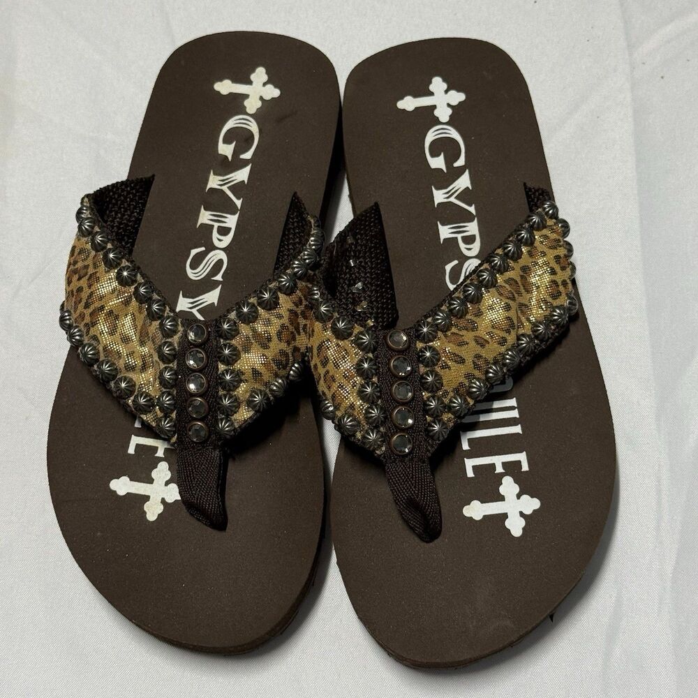 Gypsy Soule Leopard Rhinestone Flip Flop Sandals Women’s Size 7 Boho Bling NWOT - Picture 4 of 15